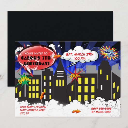 Stripboek Super Hero Verjaardagsfeestuitnodiging Kaart (Voorkant / Achterkant)