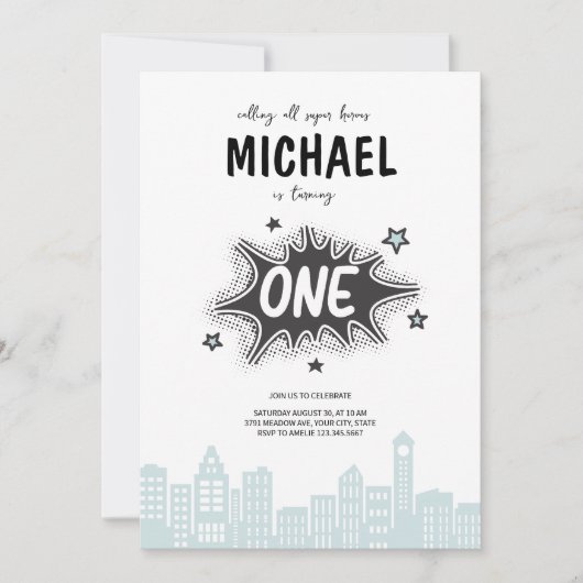 Stripboek Superheld 1e Verjaardag Uitnodiging (Voorkant)