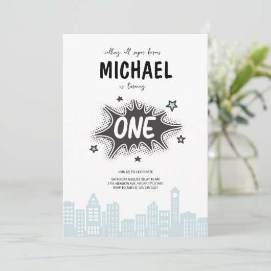 Stripboek Superheld 1e Verjaardag Uitnodiging (Staand voorkant)