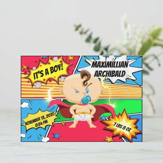 Stripboek Superheld geboorte aankondiging (Staand voorkant)