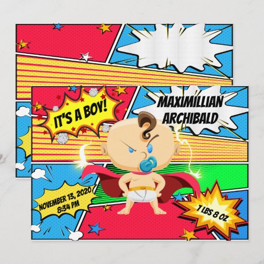Stripboek Superheld geboorte aankondiging (Voorkant / Achterkant)