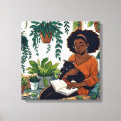 Stripboekstijl Vrouw, Kat en Boek Canvas Afdruk (Voorkant)
