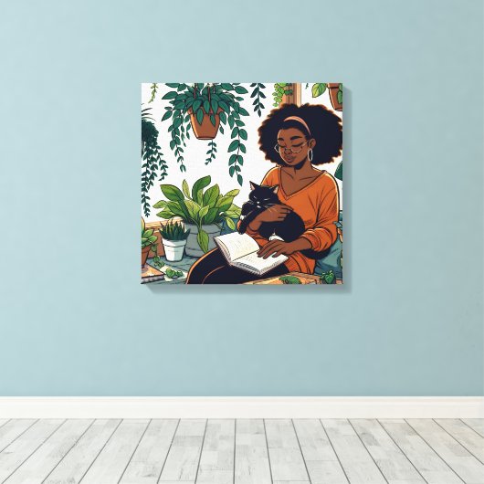 Stripboekstijl Vrouw, Kat en Boek Canvas Afdruk (Insitu (Houten vloer))