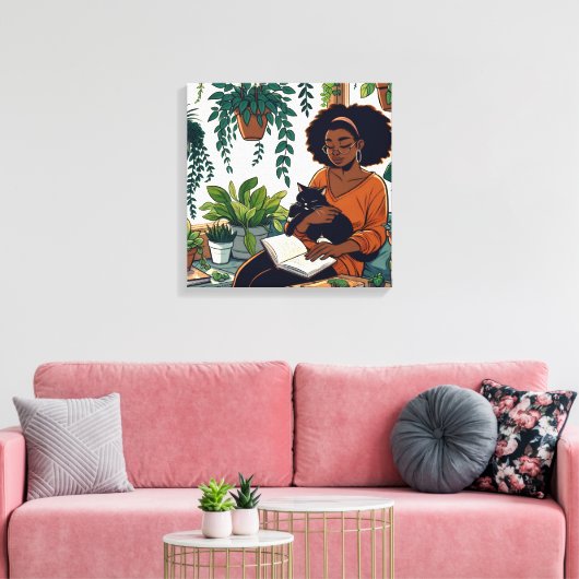 Stripboekstijl Vrouw, Kat en Boek Canvas Afdruk (Insitu (Woonkamer))