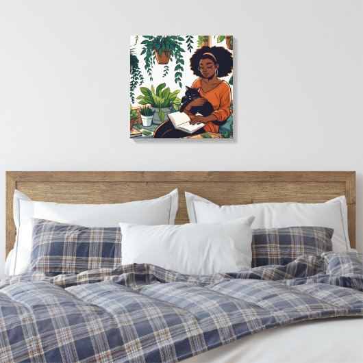 Stripboekstijl Vrouw, Kat en Boek Canvas Afdruk (Insitu (Slaapkamer))