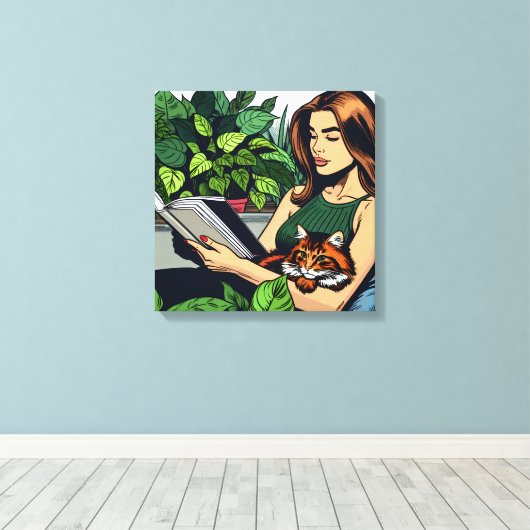 Stripboekstijl Vrouw, Kat en Boek Canvas Afdruk (Insitu (Houten vloer))