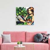 Stripboekstijl Vrouw, Kat en Boek Canvas Afdruk (Insitu (Woonkamer))