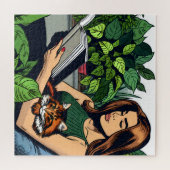 Stripboekstijl Vrouw, Kat en Boek Legpuzzel (Horizontaal)