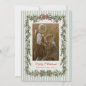 Stripe and Bow Christmas Photo Card Sage Feestdagenkaart (Voorkant)