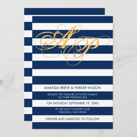 Stripe bruiloft uitnodiging sjabloon blauwe marine (Voorkant / Achterkant)