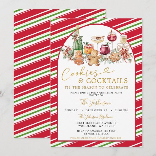 Stripe Cookies and Cocktail Classic Christmas Kaart (Voorkant / Achterkant)