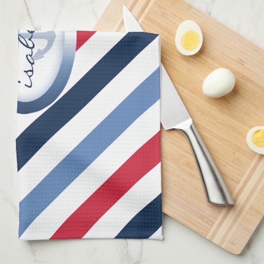 Stripe- en Anchor-gepersonaliseerde Nautical Patte Theedoek (Quarter Fold)