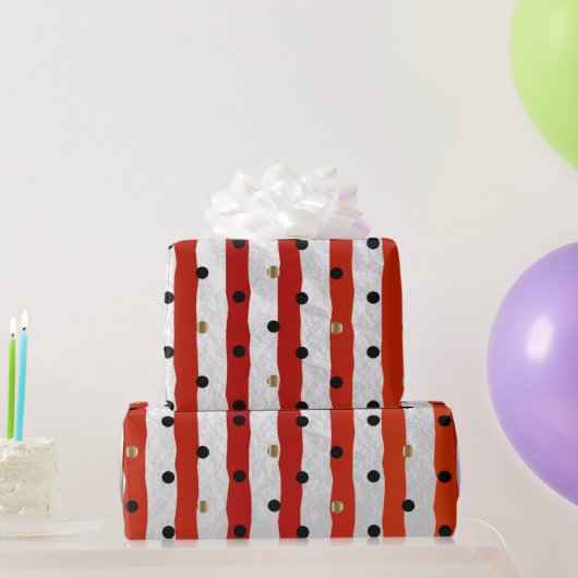 Stripe en Polka Dots op Sheen Red Satin Cadeaupapier (Feestgeschenken)