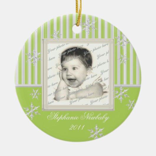 Stripe en sneeuwvlokken lichtgroen keramisch ornament (Voorkant)