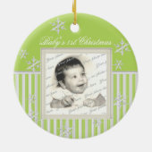 Stripe en sneeuwvlokken lichtgroen keramisch ornament (Achterkant)