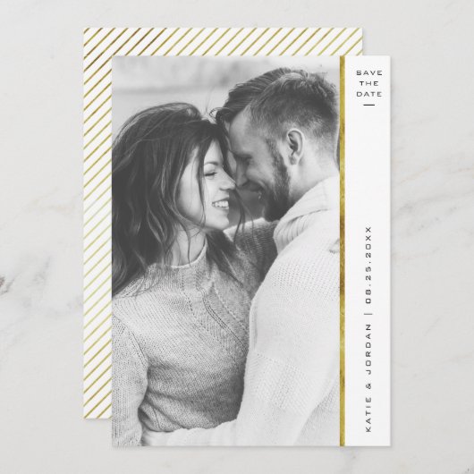 Stripe Faux Gold Foil Photo Save Date Cards Save The Date (Voorkant / Achterkant)