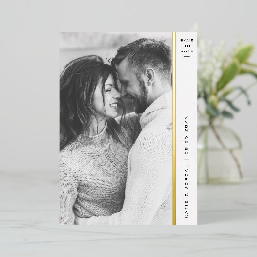 Stripe Gold Foil Photo Save the Date Cards Folie Uitnodiging (Staand Voorkant)