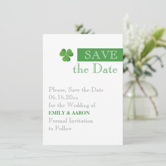 Stripe & groene klaver, Ierse bruiloft Save the Da Save The Date (Staand voorkant)