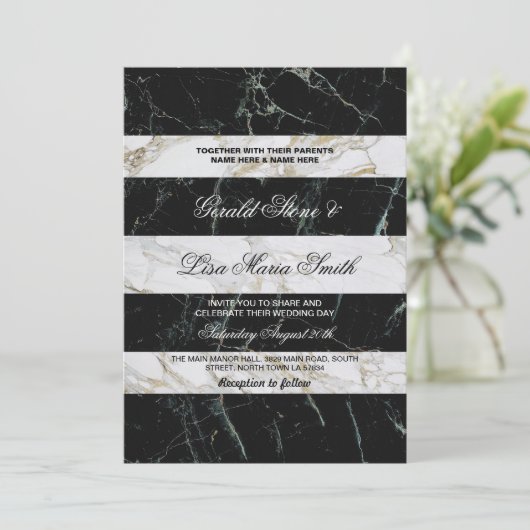Stripe Huwelijksuitnodigingen Zwart & Wit Marmer Kaart (Staand voorkant)