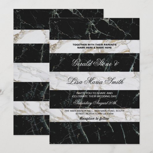 Stripe Huwelijksuitnodigingen Zwart & Wit Marmer Kaart (Voorkant / Achterkant)