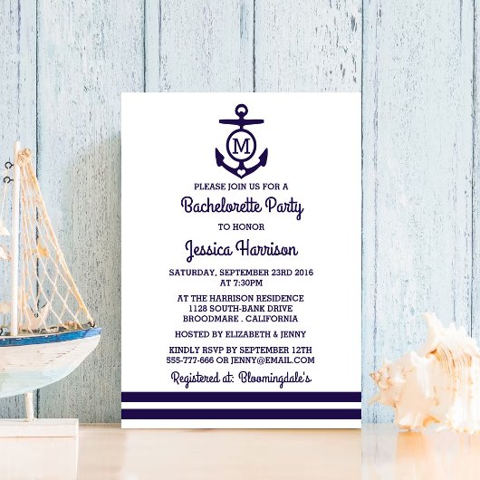 Stripe Monogram Anker Sfeervolle Meidenavond Party Kaart
