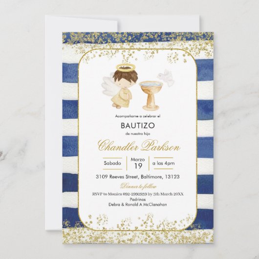 Stripe Navy Blue en Gold Boy Baptism Invitation Kaart (Voorkant)
