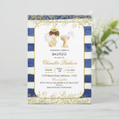 Stripe Navy Blue en Gold Boy Baptism Invitation Kaart (Staand voorkant)