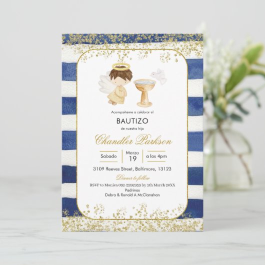 Stripe Navy Blue en Gold Boy Baptism Invitation Kaart (Staand voorkant)
