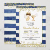 Stripe Navy Blue en Gold Boy Baptism Invitation Kaart (Voorkant / Achterkant)