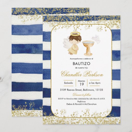 Stripe Navy Blue en Gold Boy Baptism Invitation Kaart (Voorkant / Achterkant)