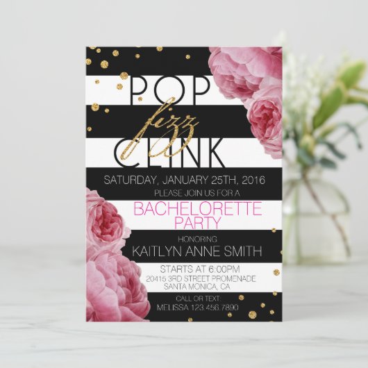 Stripe Rozen en Glitter Stippen Bachelorette Party Kaart (Staand voorkant)