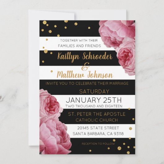 Stripe Rozen en Glitter Stippen Modern Wedding Kaart (Voorkant)