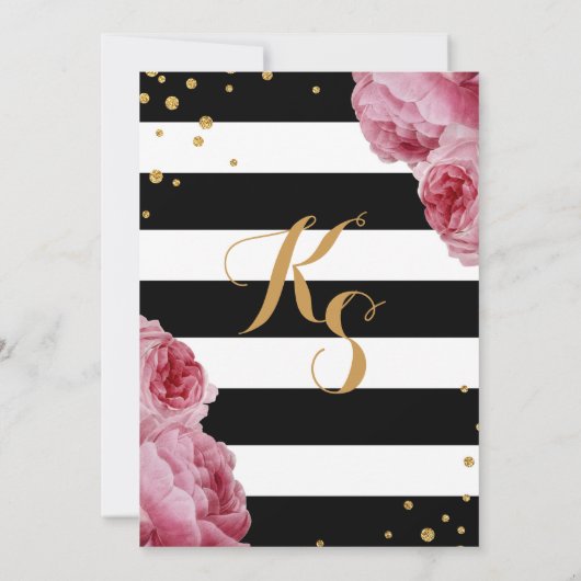 Stripe Rozen en Glitter Stippen Modern Wedding Kaart (Achterkant)