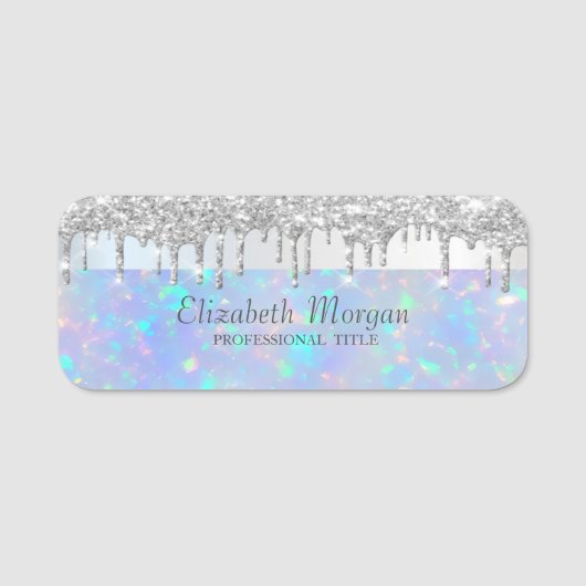 Stripe Zilver Glitter Drips Holografisch Opal Naamplaatje (Voorkant)