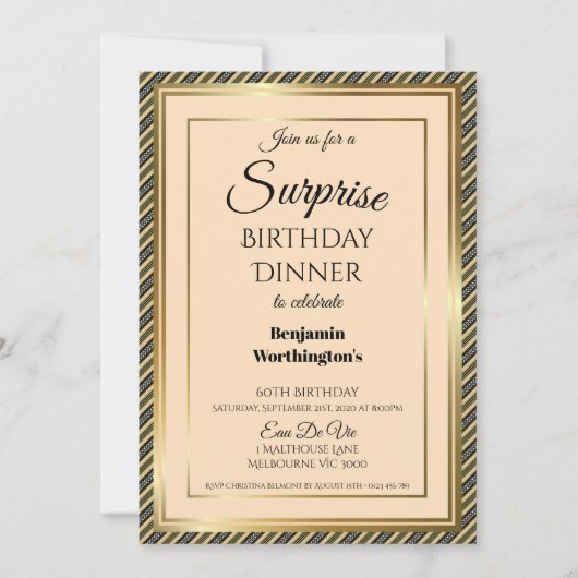 Striped 60th Surprise Birthday Dinner Invitation Kaart (Voorkant)