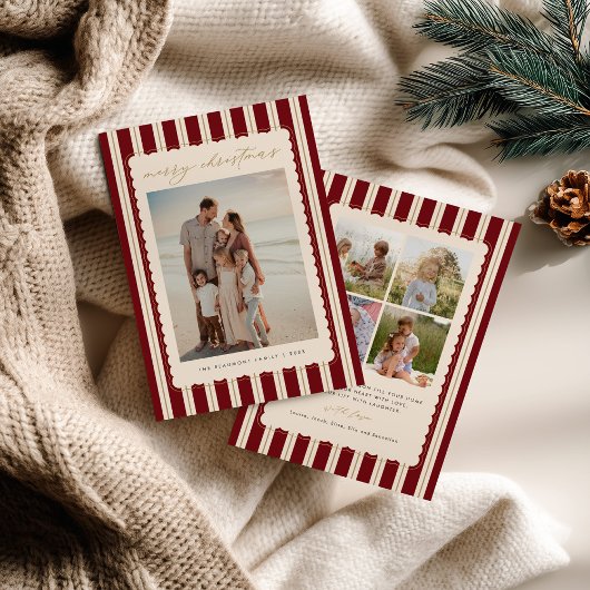 Striped and Scalloped Christmas Card with Photo Feestdagenkaart