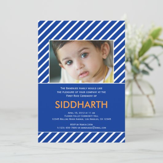 Striped Annaprashan (First Rice) Blue Invitation Kaart (Staand voorkant)