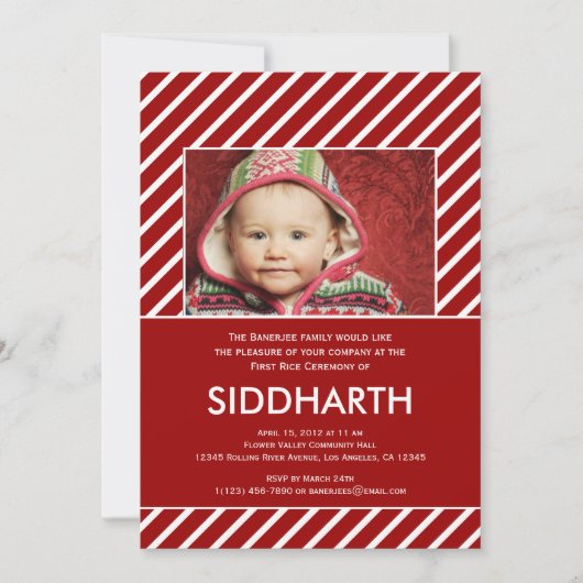 Striped Annaprashan (First Rice) in Red Invitation Kaart (Voorkant)