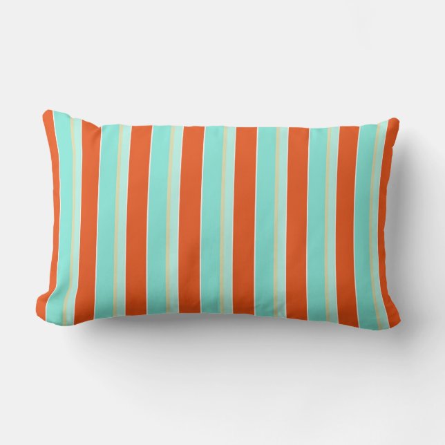 Striped Aqua Blue en Tangerine Oranje Kussen (Voorkant)