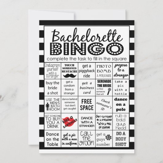 Striped Bachelorette Bingo, partijspel, uitdaging Kaart (Voorkant)