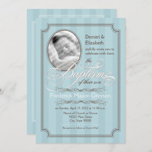 Striped Baptism Invitation (Bleek blauw) Kaart (Voorkant / Achterkant)