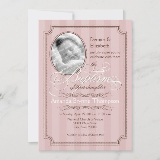 Striped Baptism Invitation (Bleek roze) Kaart (Voorkant)