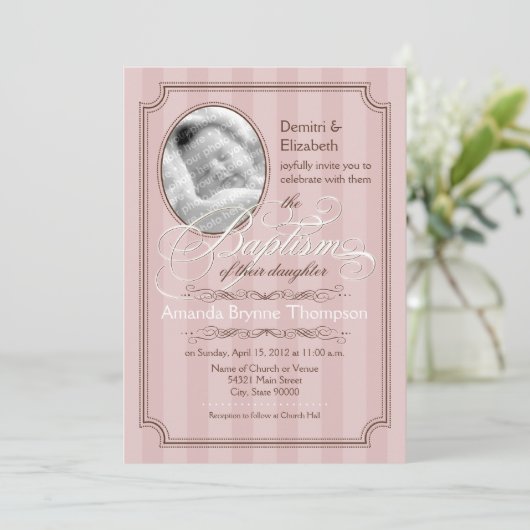 Striped Baptism Invitation (Bleek roze) Kaart (Staand voorkant)