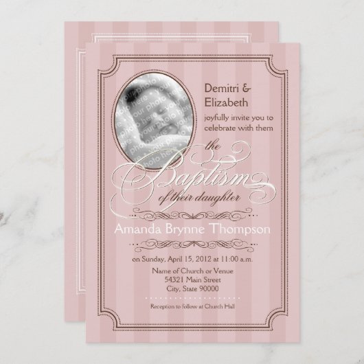 Striped Baptism Invitation (Bleek roze) Kaart (Voorkant / Achterkant)