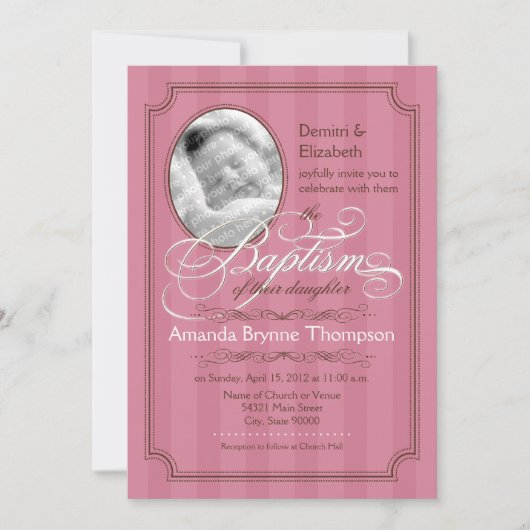 Striped Baptism Invitation (Donkerroze) Kaart (Voorkant)
