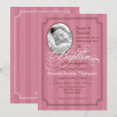Striped Baptism Invitation (Donkerroze) Kaart (Voorkant / Achterkant)