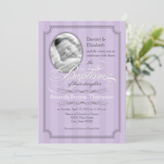 Striped Baptism Invitation (Lavender) Kaart (Staand voorkant)