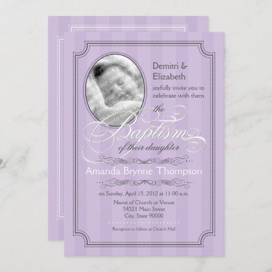Striped Baptism Invitation (Lavender) Kaart (Voorkant / Achterkant)