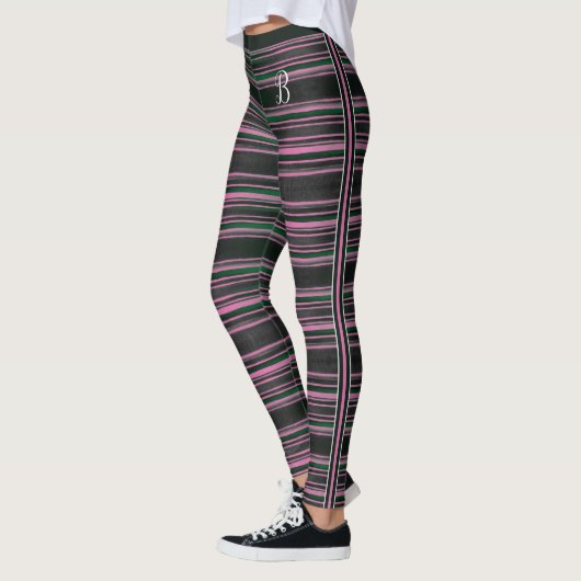 Striped Black Pink Green Mode Fabric Monogram zwar Leggings (Links)