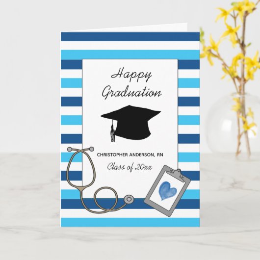 Striped Blue Nursing School Afstuderen Kaart (Gele Bloem)